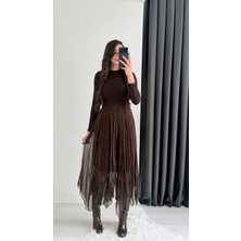 Harle Kahverengi Taşlı Maxi Asimetrik Etek