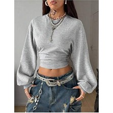 Tarz Cool Kadın Gri Bisiklet Yaka Belden Oturtmalı Tasarım Sweatshirt