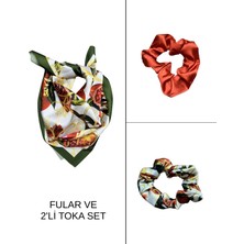 Tarzını Seç Kadın Dijital Baskılı Nar Fular & Simit Toka Seti – 1 Fular (48×48 Cm) + 2 Simit Toka