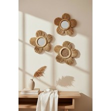 Doğal Hasır Çiçek Formunda Dekoratif Duvar Aynası ve Süsü - 3'lü Set