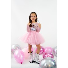 Duca Uzun Kollu Bodyli Tütülü Kız Çocuk Elbisesi-Buzlar Prensesi Baskılı