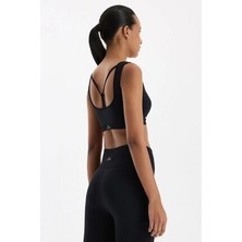 COMEUP Kadın Siyah Sırtı Askı Detaylı Pedli Sporcu Sütyeni Düz Desen Nefes Alabilir Kumaş