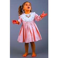 Mini Kiti Pembe Beyaz Fistolu Nakışlı Uzun Kollu Vintage Kız Çocuk Elbise Bayram Doğumgünü Özel Gün Elbisesi
