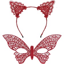 Belle Fusion Mey Ithalat® Gösterişli Kırmızı Dantel Maske ve Taç Seti 7 No – Masquerade ve Davetler Için