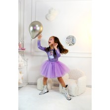 Duca Uzun Kollu Bodyli Tütülü Kız Çocuk Elbisesi-Buzlar Prensesi Baskılı