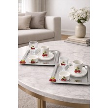 2 Kişilik Porselen Kirazlı Kahve Fincan Takımı ve Metal Sunum Tepsisi