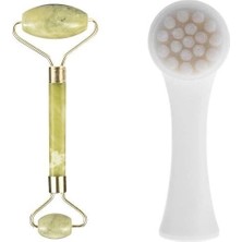 Belle Fusion Mey Ithalat® 2li Set Çift Taraflı Cilt Temizleme Fırçası ve Yeşim Taşı Çift Taraflı Cilt Masaj Aleti