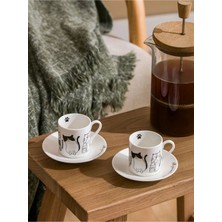 Şık Siyah Kedi Desenli 2 Kişilik Porselen Kahve Fincan Takımı