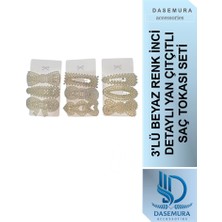 Dasemura 3'lü Beyaz Renk Inci Detaylı Yan Çıtçıtlı Saç Tokası Seti