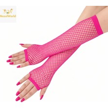 Belle Fusion Mey Ithalat® 80’ler 90’lar Retro Neon Fuşya Şeker Pembesi File Parmaksız Eldiven 26 cm