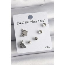 Belle Fusion Mey Ithalat® 316L Çelik Gümüş Renk Zirkon Taşlı Kelebek Model Kadın Küpe Seti