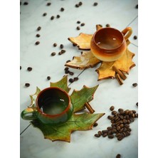 El Yapımı Çınar ve Defne Yapraklı Ikili Çay Kahve Fincan Seti