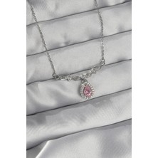 Belle Fusion Mey Ithalat® 316L Çelik Gümüş Renk Pembe Zirkon Taşlı Damla Kolye