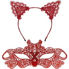 Belle Fusion Mey Ithalat® Ateş Kırmızısı Dantel Taç ve Maske Seti 10 No - Maskeli Balo &amp; Özel Gün Seti