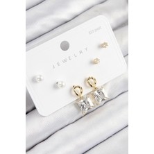 Belle Fusion Mey Ithalat® Pirinç Zirkon Taşlı Sallantılı Kare Model Gold Renk 925 Ayar Gümüş Çivi Kadın Küpe Set