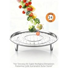 Belle Fusion Mey Ithalat® Inox Çelik Ayaklı Buharlı Pişirme Aparatı - 24 cm Çok Amaçlı Tencere Içi Haşlama Standı