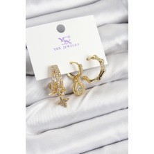 Belle Fusion Mey Ithalat® Pirinç Zirkon Taşlı Sallantılı Yıldız Model Gold Renk 3'lü Kadın Küpe