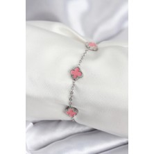 Belle Fusion Mey Ithalat® 316L Çelik Gümüş Renk Pembe Baby Boy Yonca Kadın Bileklik