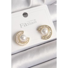 Belle Fusion Mey Ithalat® Pirinç Gold Renk Zirkon Taşlı Salyangoz Model Inci Detay Kadın Küpe