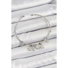 Belle Fusion Mey Ithalat® Pirinç Zirkon Taşlı Kelebek ve Yıldız Model Gümüş Renk Charm Bileklik