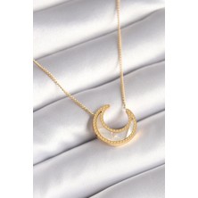 Belle Fusion Mey Ithalat® 316L Çelik Gold Renk Beyaz Sedefli Hilal Model Kadın Kolye