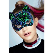 Belle Fusion Mey Ithalat® Siyah Kadife Kumaş Üzerine Mavi Yeşilli Payetli Pullu Parti Maskesi 16X14 cm