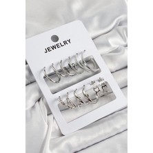 Belle Fusion Mey Ithalat® Pirinç Karışık Halka Model Gümüş Renk 6 Çift Kadın Küpe Set