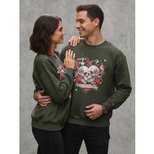 CZMD Güllü Sevgili Kurukafalar Baskılı Yeşil Çift Kombini Sweatshirt