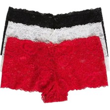 Brentino Kadın Siyah Beyaz Kırmızı 3'lü Paket Dantel Tanga Şort Külot