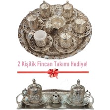 Bakır Fincan Takımı 6+2 Kişilik Osmanlı Desenli Türk Kahvesi Seti