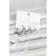 Belle Fusion Mey Ithalat® Pirinç Gümüş Renk Zirkon Taşlı Petek Halka Model Ysx Trio Küpe Seti