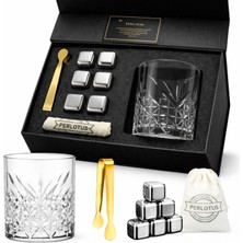 Perlotus Premium 345 cc Kristal Bardak  ve Çelik Buz Küpü Seti Gıdaya Uygun Çelik Küp Gold Maşa Hediye Kutusunda
