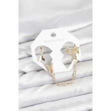 Belle Fusion Mey Ithalat® Pirinç Gold Renk Kelebek Model Zincir Bağlantılı Ear Cuff Küpe Seti
