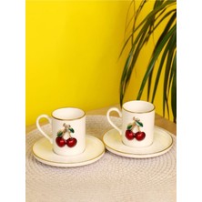 Iki Kişilik Beyaz Porselen Kiraz Desenli Kahve Fincan Takımı