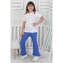 Mavi Boncukk Kız Çocuk Fiyonk Desenli Beyaz Bluz ve Düğme Detaylı Ispanyol Paça Pantolon Takım