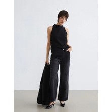 LC Waikiki Lcw Jeans Siyah Taşlı Wideleg Kadın Jean Pantolon