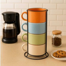 Renkli Metal Standlı 4'lü Porselen Kupa Seti, 180ML, Kahve ve Cappuccino