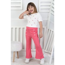 Mavi Boncukk Kız Çocuk Fiyonk Desenli Beyaz Bluz ve Düğme Detaylı Ispanyol Paça Pantolon Takım