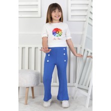 Mavi Boncukk Kız Çocuk Fiyonk Desenli Beyaz Bluz ve Düğme Detaylı Ispanyol Paça Pantolon Takım