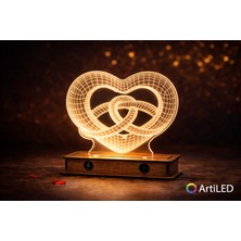 ARTILED 3D Alyanslı Kalp LED Masa Lambası | Ahşap Tabanlı | Romantik Dekoratif Gece Lambası