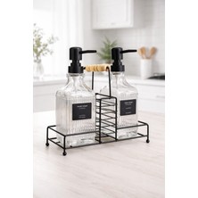 Durina Living Standlı Cam Mutfak Sabunluk Seti – Çizgili Kalın Cam El Sabunluğu ve Bulaşık Deterjanlık, Metal Standlı 2’li Mutfak Tezgah Üstü Sabunluk