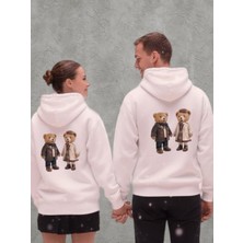 CZMD Sevgili Ayıcıklar Baskılı Beyaz Çift Kombini Kapüşonlu Sweatshirt
