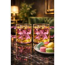 Gülümseten Avm 2 Li  Fiyonklu Cam Kupa Bardak | Estetik Bitki Çayı, Latte ve Kahve Sunum Bardağı - Pembe- Pembe- Tek Ebat