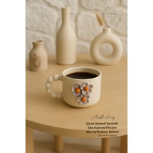 El Yapımı Çiçek Desenli Seramik Türk Kahvesi Fincanı Mor ve Turuncu