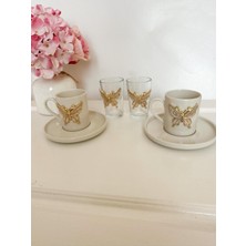 Kelebek Figürlü 6 Parça Iki Kişilik Kahve Seti, 2 Bardak ve Fincan Takımı