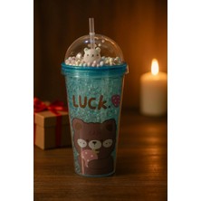 Marsilyan Çılgın Bear Suluk Pipetli Buzlu Cam Görünümlü 450 ML Çift Katman Mika Sevimli Suluk 2093 Mavi