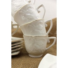 6'lı Porselen Kahve Fincan Takımı, Yaldızlı ve Kendinden Desenli