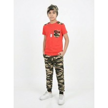 Mavi Boncukk Erkek Çocuk Kamuflaj Desenli Tişört ve Eşofman Altı 3'lü Takım