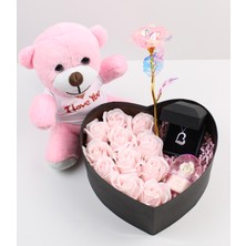 Trend Robo Sevgiliye Özel Aşk Dolu Hediye Seti – Ayıcık - Pembe Güller ve 925 Ayar Gümüş Kalp Kolye