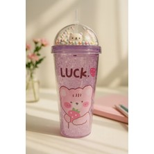 Marsilyan Çılgın Bear Suluk Pipetli Buzlu Cam Görünümlü 450 ML Çift Katman Mika Sevimli Suluk 2093 Mor